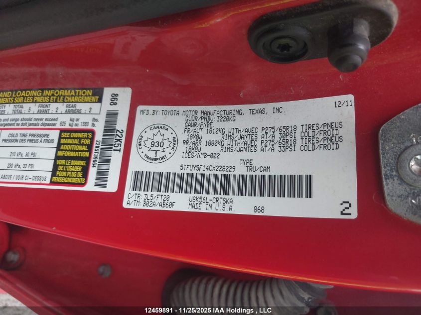 2012 Toyota Tundra Double Cab Sr5 VIN: 5TFUY5F14CX228229 Lot: 12459891