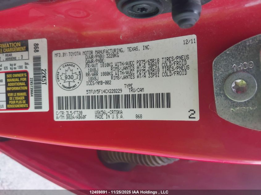 2012 Toyota Tundra Double Cab Sr5 VIN: 5TFUY5F14CX228229 Lot: 12459891