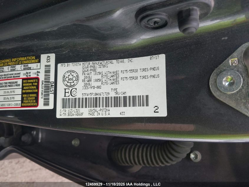 2017 Toyota Tundra Platinum 5.7L V8 VIN: 5TFAY5F10HX671729 Lot: 12459929