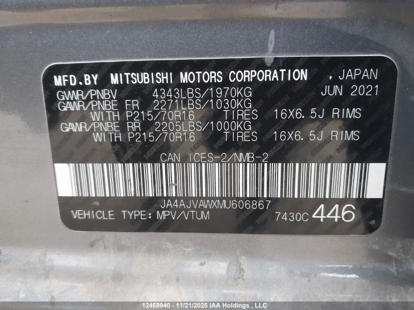 2021 Mitsubishi Rvr Se/Sel/Le/Gt VIN: JA4AJVAWXMU606867 Lot: 12459940