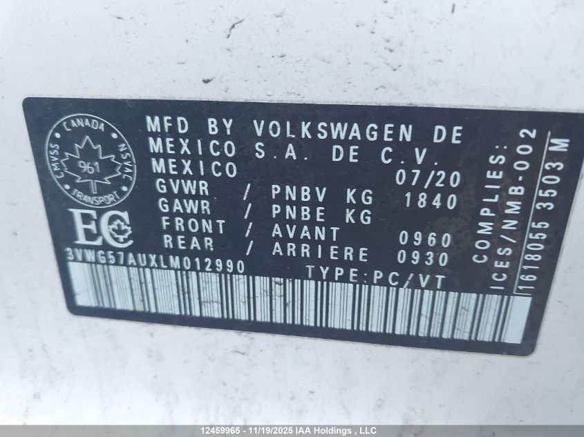 2020 Volkswagen Golf Comfortline/Highline VIN: 3VWG57AUXLM012990 Lot: 12459965