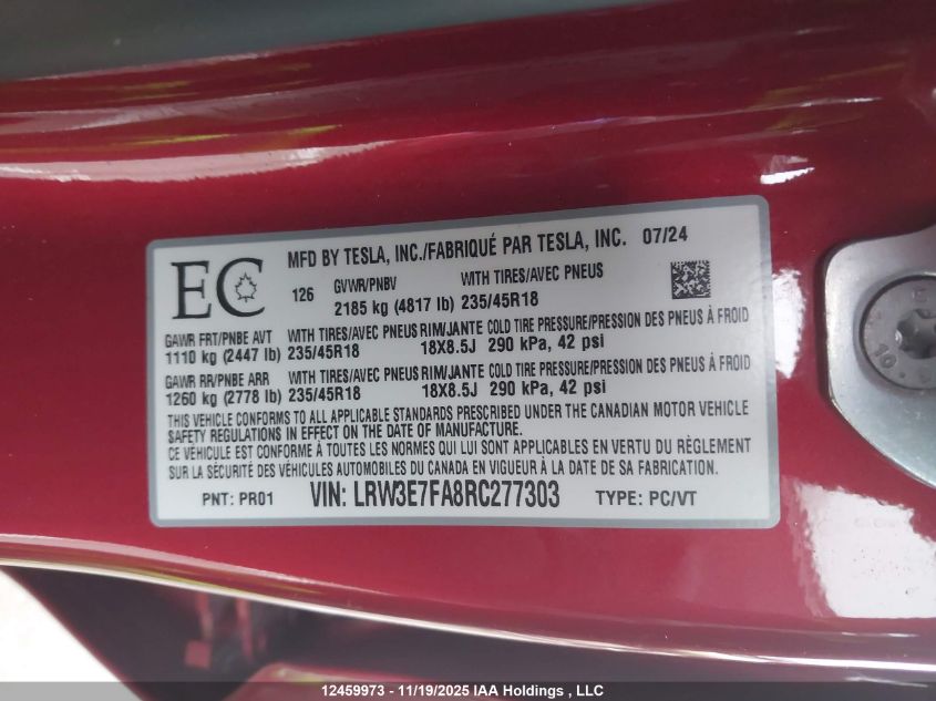 2024 Tesla Model 3 Rwd VIN: LRW3E7FA8RC277303 Lot: 12459973
