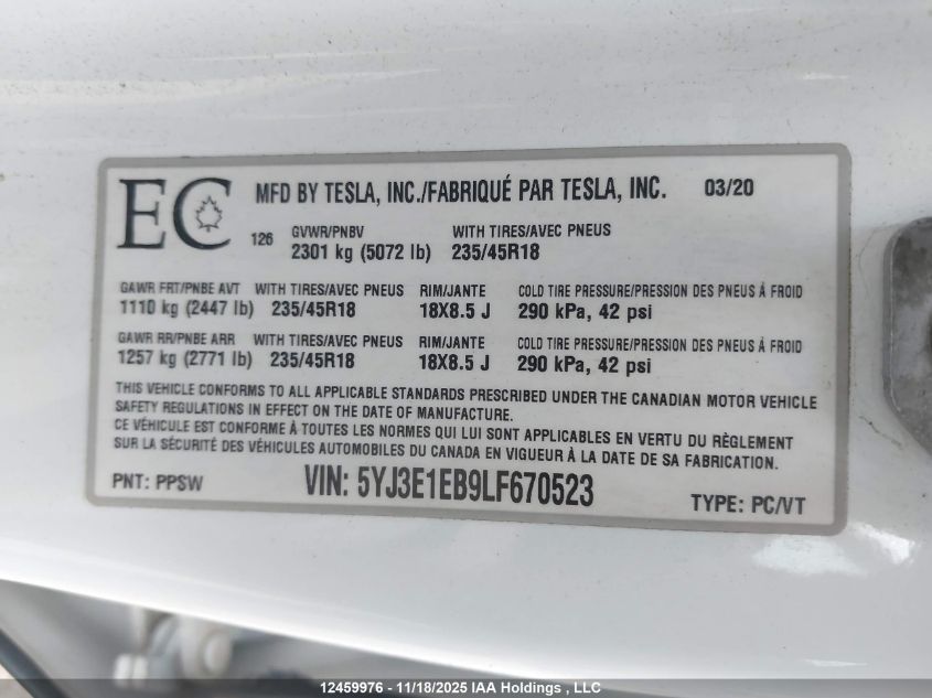 2020 Tesla Model 3 VIN: 5YJ3E1EB9LF670523 Lot: 12459976
