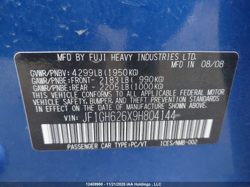 2009 Subaru Impreza 2.5I VIN: JF1GH626X9H804144 Lot: 12459980