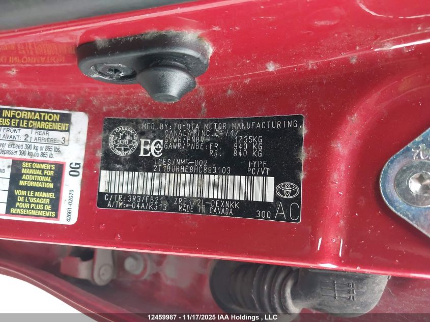 2017 Toyota Corolla Le VIN: 2T1BURHE8HC893103 Lot: 12459987