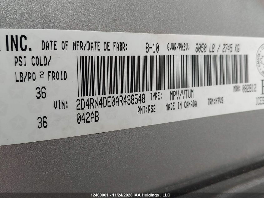 2010 Dodge Grand Caravan VIN: 2D4RN4DE0AR438548 Lot: 12460001