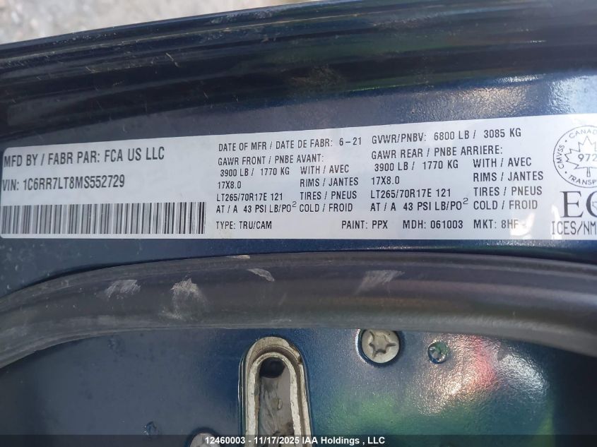 2021 Ram 1500 Classic Slt VIN: 1C6RR7LT8MS552729 Lot: 12460003