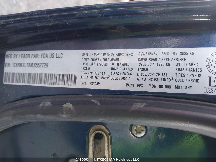 2021 Ram 1500 Classic Slt VIN: 1C6RR7LT8MS552729 Lot: 12460003