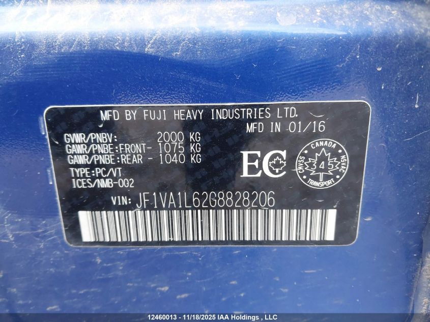 2016 Subaru Wrx Sport Package/Sport-Tech Package VIN: JF1VA1L62G8828206 Lot: 12460013