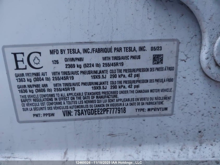 7SAYGDEE2PF777918 2023 TESLA MODEL Y photo no. 9