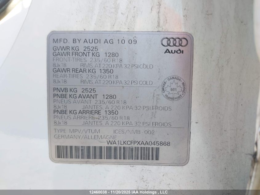 2010 Audi Q5 3.2 Premium VIN: WA1LKCFPXAA045868 Lot: 12460038
