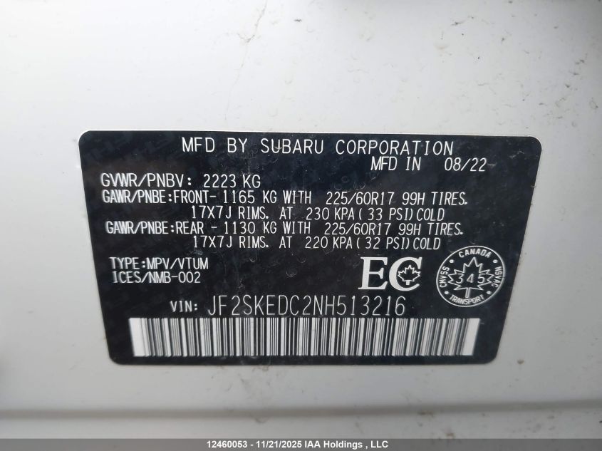 2022 Subaru Forester Convenience VIN: JF2SKEDC2NH513216 Lot: 12460053