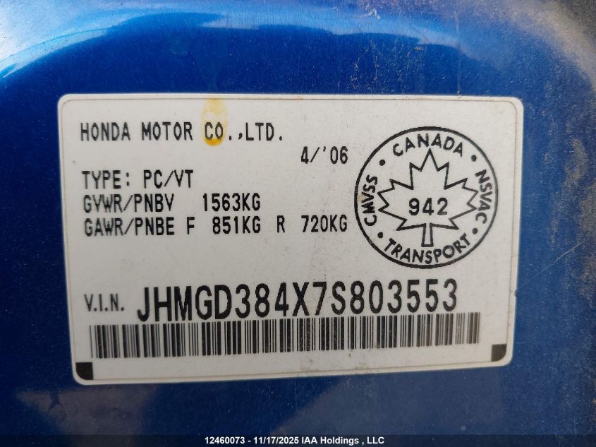 2007 Honda Fit Lx VIN: JHMGD384X7S803553 Lot: 12460073