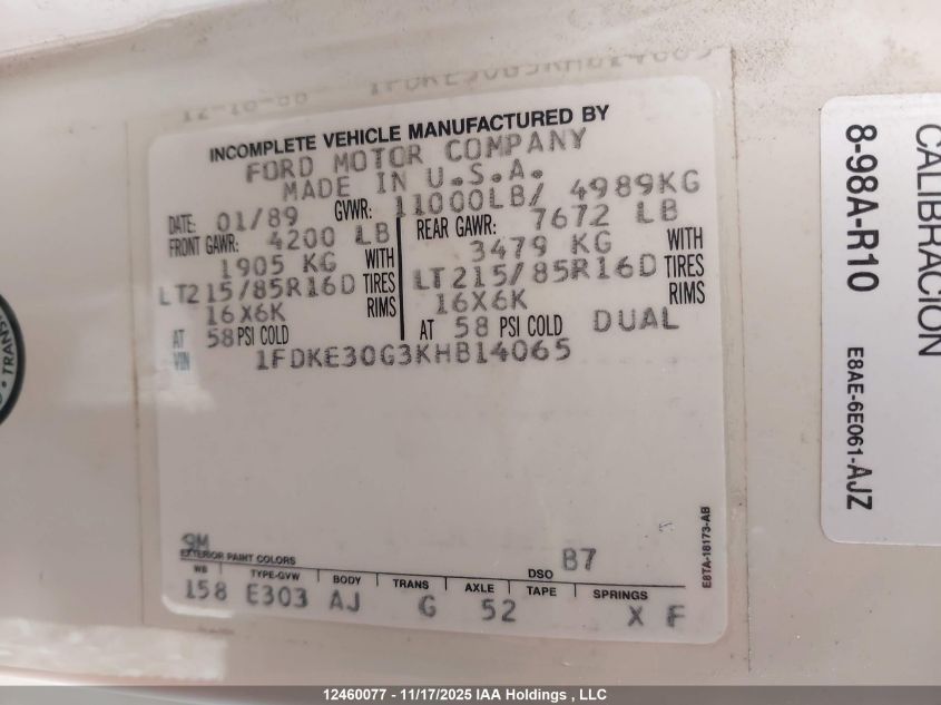 1989 Ford Econoline E350 Cutaway Van VIN: 1FDKE30G3KHB14065 Lot: 12460077