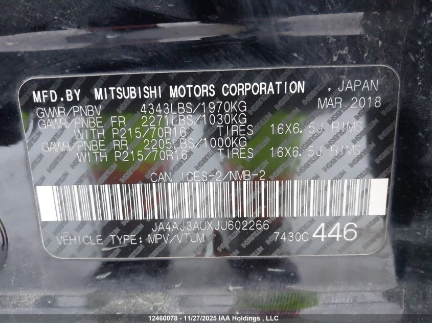 2018 Mitsubishi Rvr Se VIN: JA4AJ3AUXJU602266 Lot: 12460078