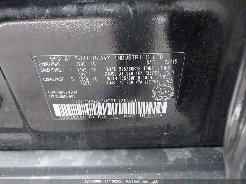 2015 Subaru Outback 3.6R Limited VIN: 4S4BSFNC9F3295515 Lot: 12460080