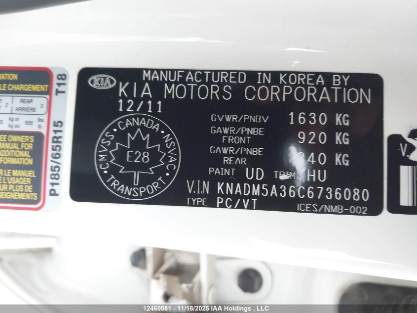 2012 Kia Rio Lx VIN: KNADM5A36C6736080 Lot: 12460081