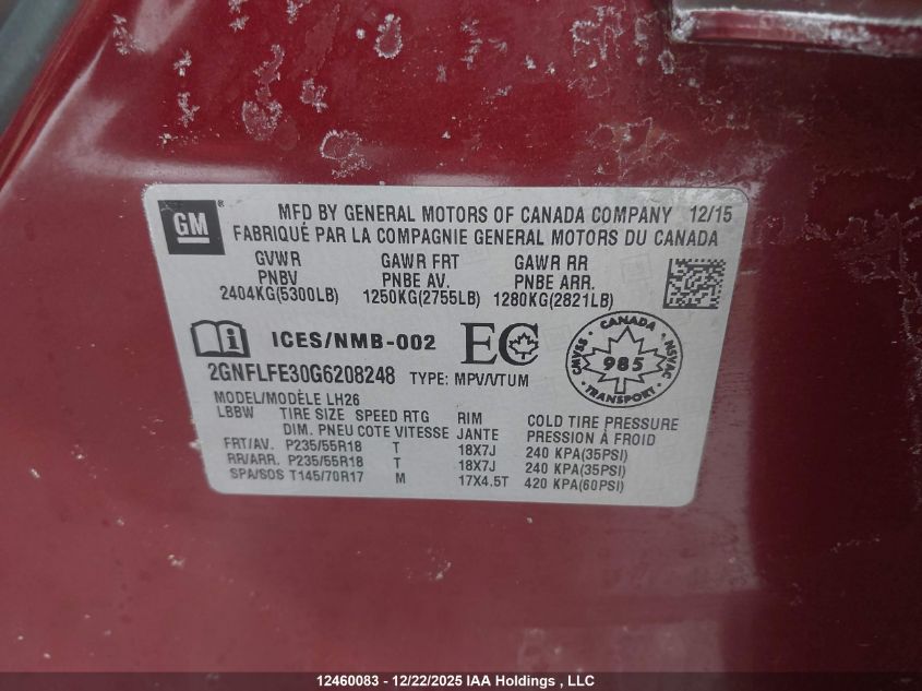 2016 Chevrolet Equinox 1Lt VIN: 2GNFLFE30G6208248 Lot: 12460083