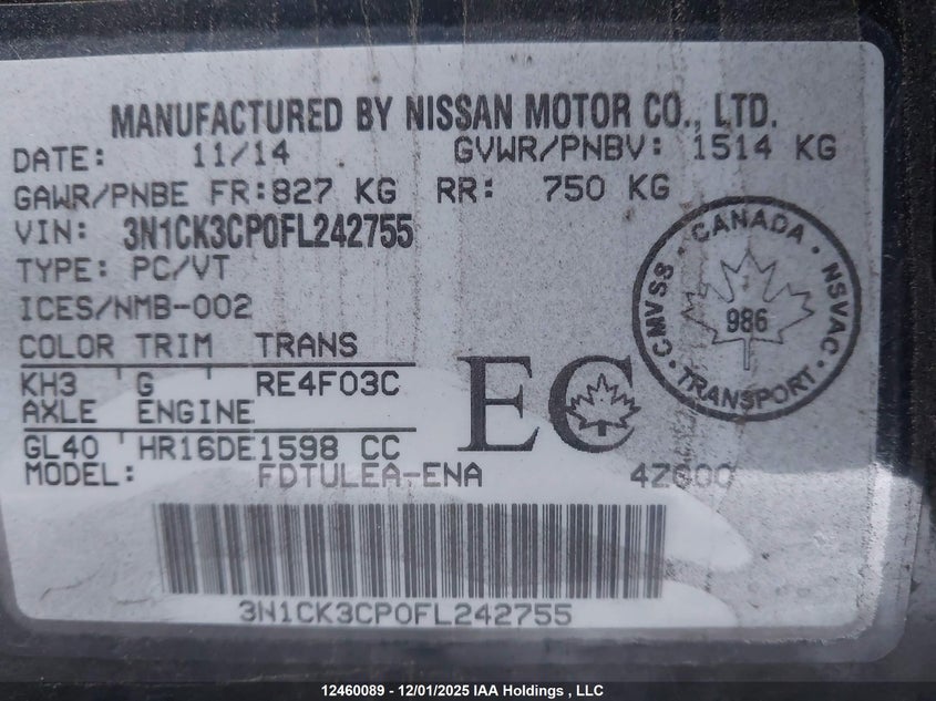 3N1CK3CP0FL242755 2015 NISSAN MICRA photo no. 9