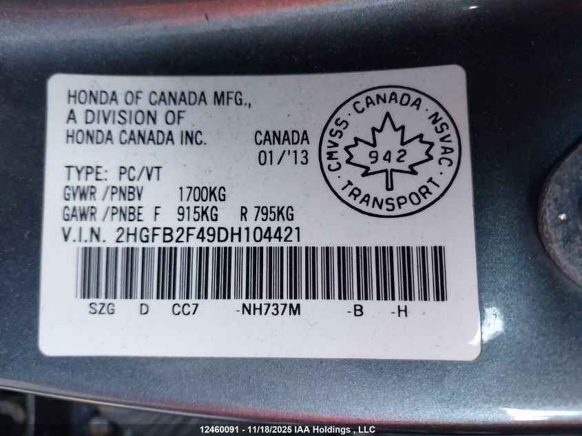 2013 Honda Civic Lx VIN: 2HGFB2F49DH104421 Lot: 12460091