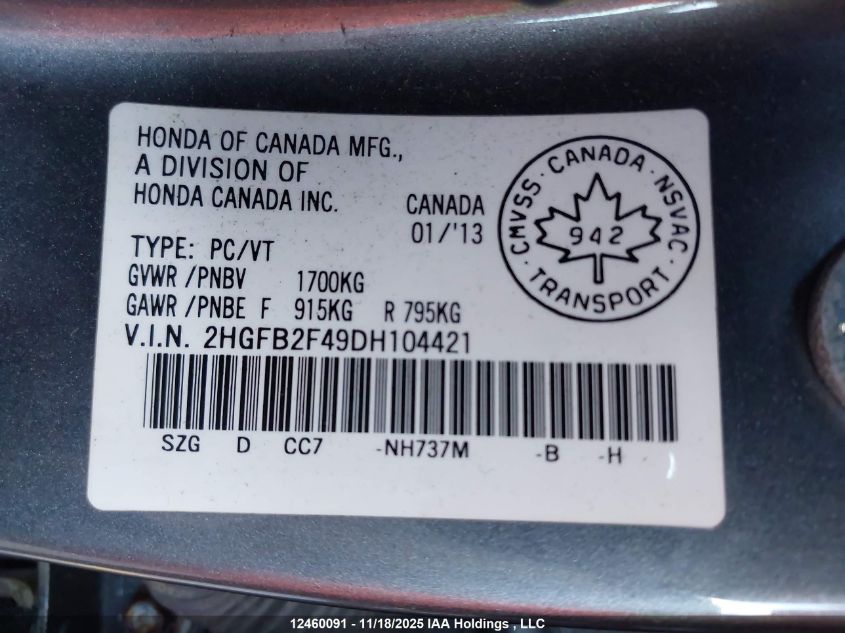 2013 Honda Civic Lx VIN: 2HGFB2F49DH104421 Lot: 12460091