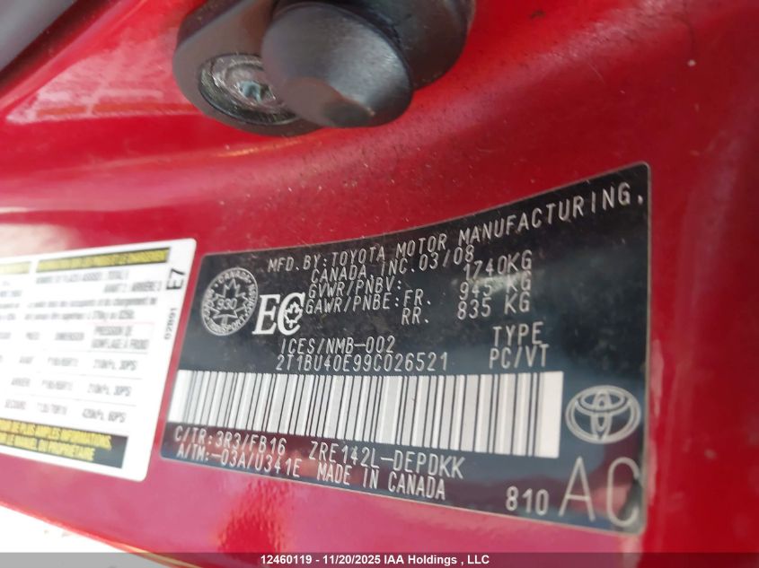 2009 Toyota Corolla Ce VIN: 2T1BU40E99C026521 Lot: 12460119