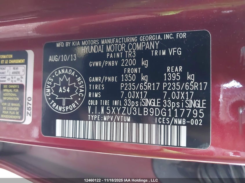 5XYZU3LB9DG117795 2013 HYUNDAI SANTA FE photo no. 9