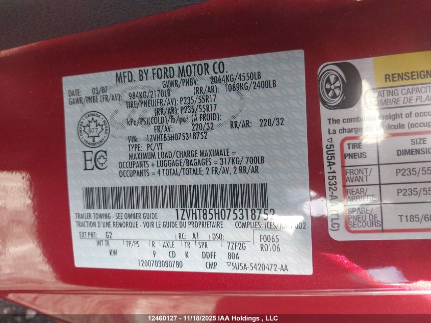 2007 Ford Mustang Gt VIN: 1ZVHT85H075318752 Lot: 12460127