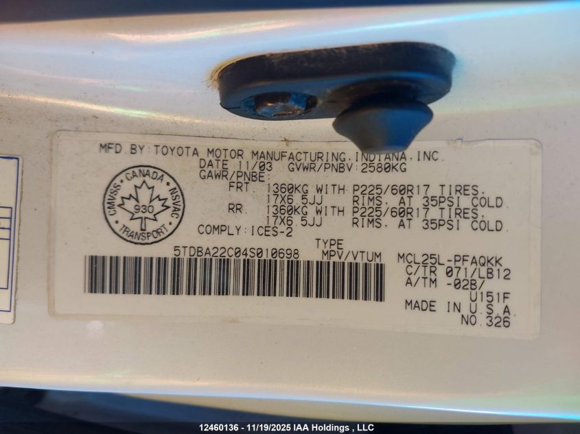 2004 Toyota Sienna VIN: 5TDBA22C04S010698 Lot: 12460136