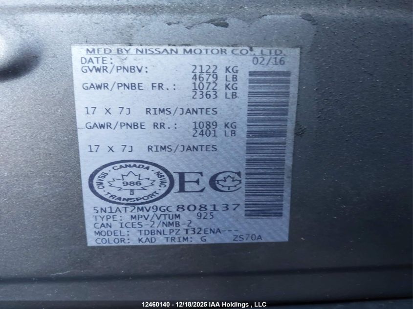 2016 Nissan Rogue S/Sl Premium/Sv VIN: 5N1AT2MV9GC808137 Lot: 12460140