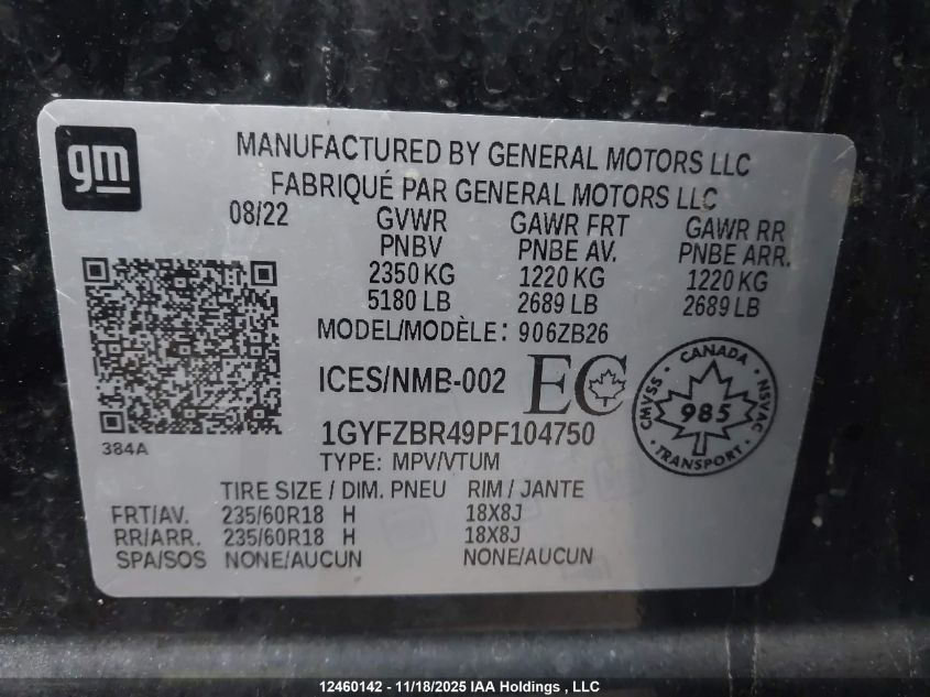 2023 Cadillac Xt4 Luxury VIN: 1GYFZBR49PF104750 Lot: 12460142