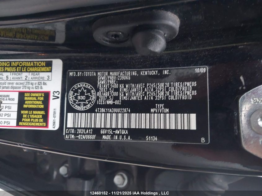 2009 Toyota Venza VIN: 4T3BK11A39U022874 Lot: 12460152