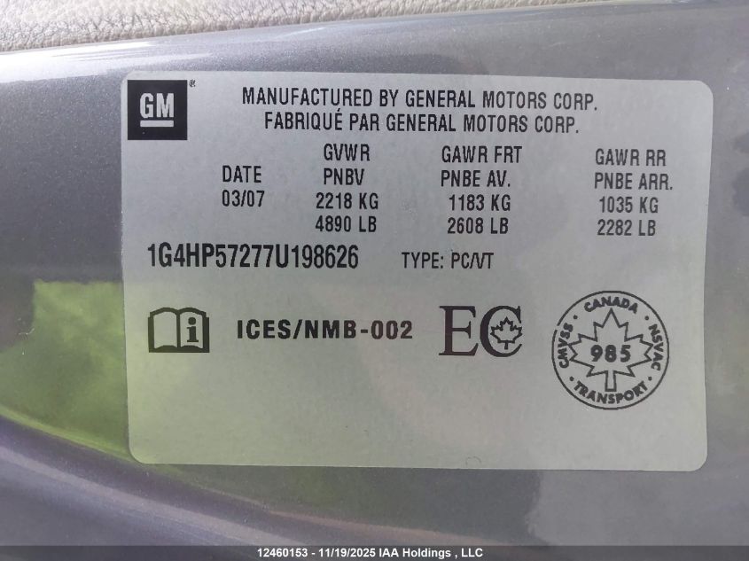 2007 Buick Lucerne Cx VIN: 1G4HP57277U198626 Lot: 12460153