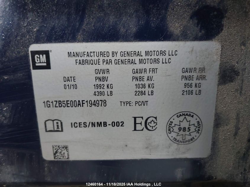 2010 Chevrolet Malibu Ls VIN: 1G1ZB5E00AF194978 Lot: 12460164