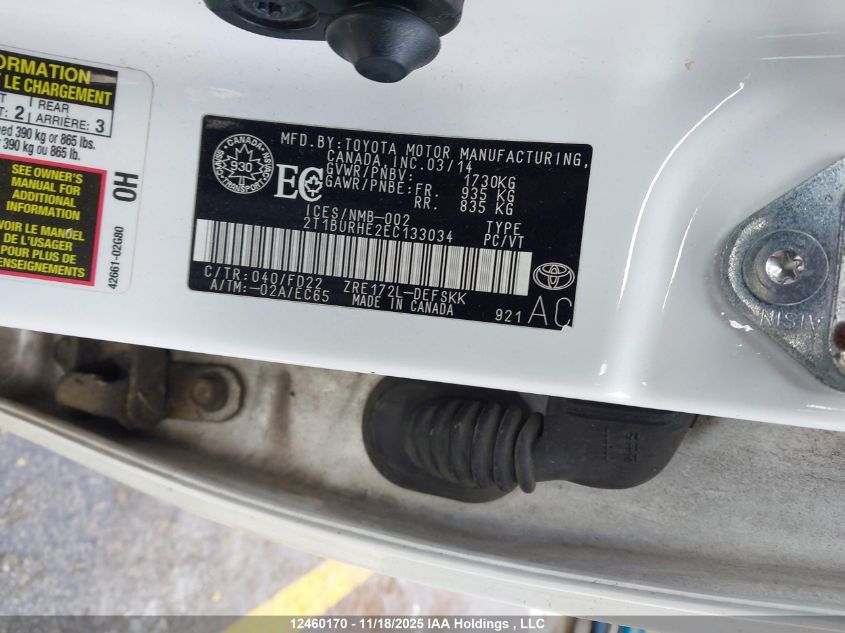 2014 Toyota Corolla L/Le/Le Pls/Prm/S/S Pls VIN: 2T1BURHE2EC133034 Lot: 12460170