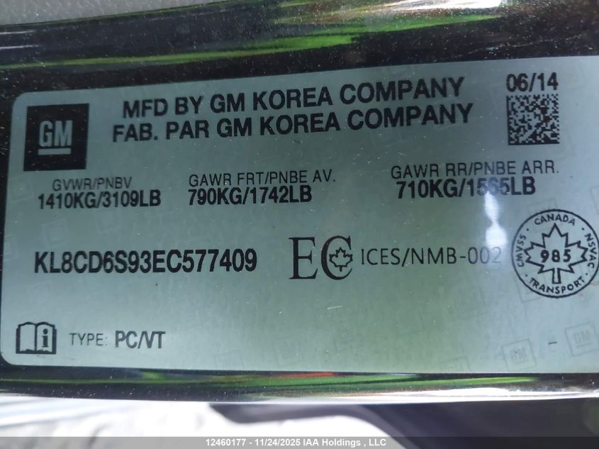2014 Chevrolet Spark 1Lt VIN: KL8CD6S93EC577409 Lot: 12460177