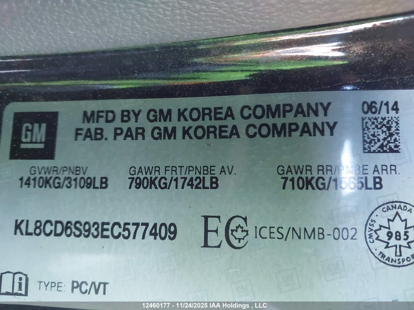 2014 Chevrolet Spark 1Lt VIN: KL8CD6S93EC577409 Lot: 12460177