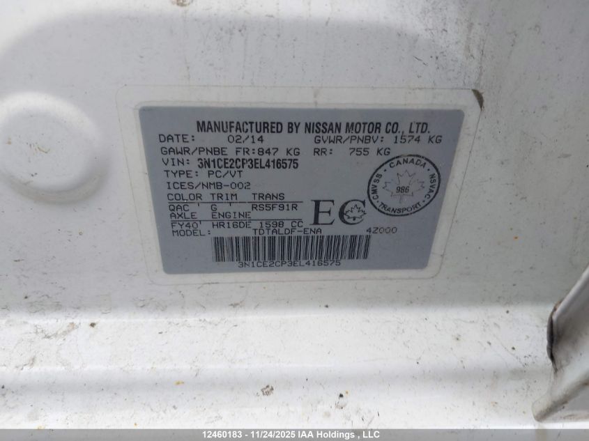 2014 Nissan Versa Note S/S Plus/Sv/Sl VIN: 3N1CE2CP3EL416575 Lot: 12460183