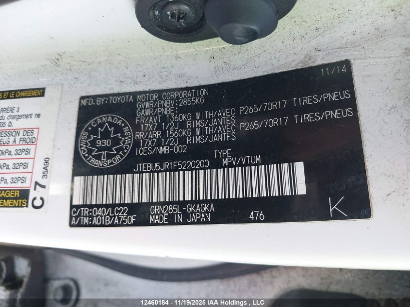 2015 Toyota 4Runner Sr5 V6 VIN: JTEBU5JR1F5220200 Lot: 12460184