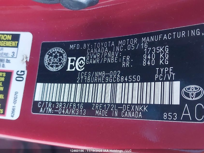 2016 Toyota Corolla Le VIN: 2T1BURHE9GC684550 Lot: 12460186