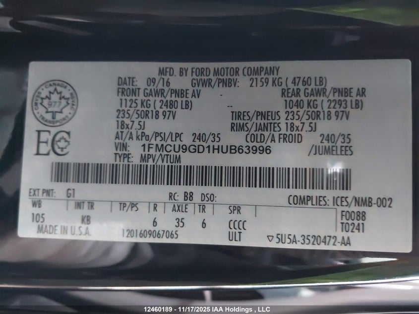 1FMCU9GD1HUB63996 2017 FORD ESCAPE photo no. 16