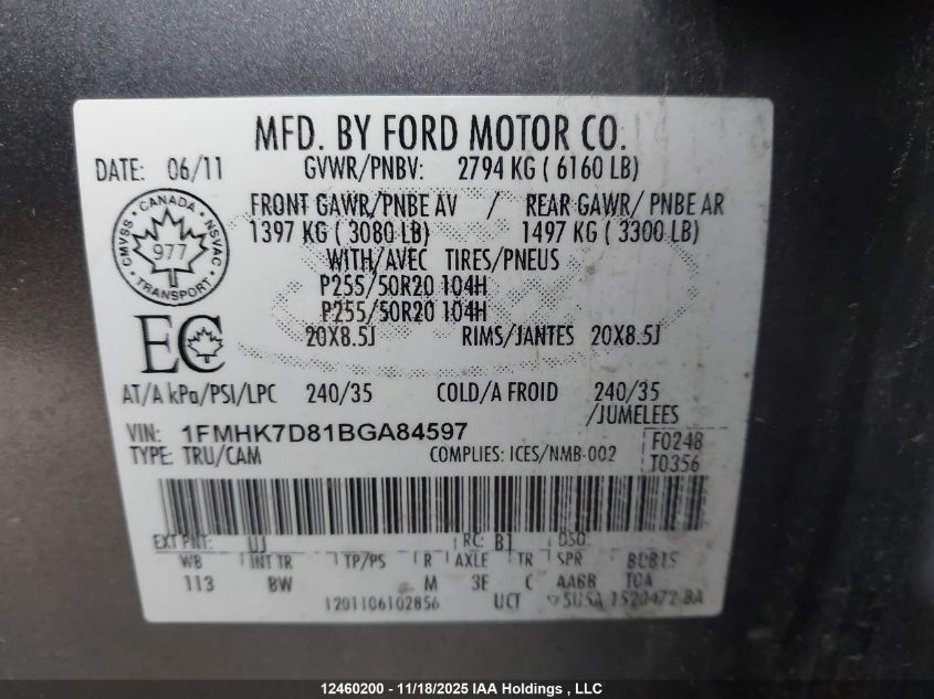 2011 Ford Explorer Xlt VIN: 1FMHK7D81BGA84597 Lot: 12460200