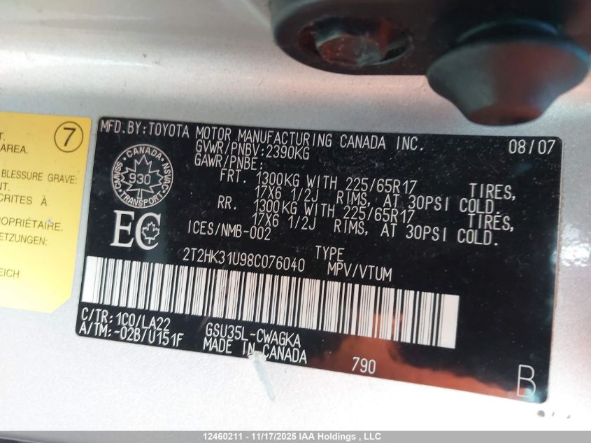 2008 Lexus Rx 350 VIN: 2T2HK31U98C076040 Lot: 12460211