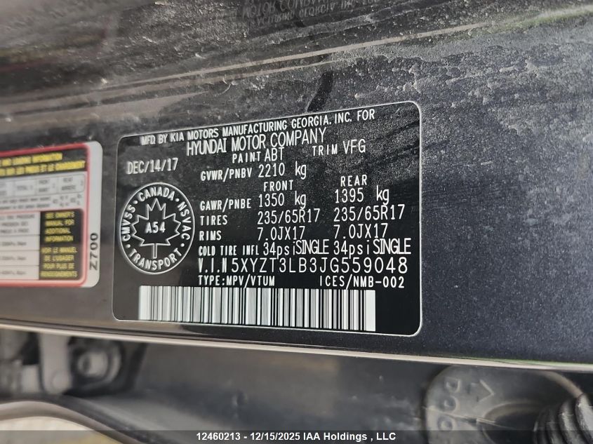 2018 Hyundai Santa Fe Sport VIN: 5XYZT3LB3JG559048 Lot: 12460213