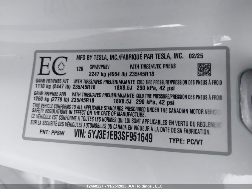 5YJ3E1EB3SF951649 2025 TESLA MODEL 3 photo no. 9