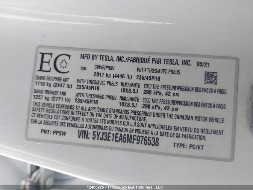 2021 Tesla Model 3 VIN: 5YJ3E1EA6MF976538 Lot: 12460225