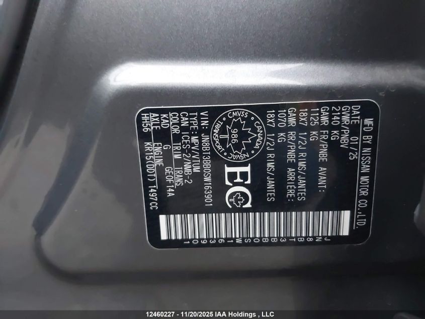 2025 Nissan Rogue Sv/Rc VIN: JN8BT3BB0SW163901 Lot: 12460227