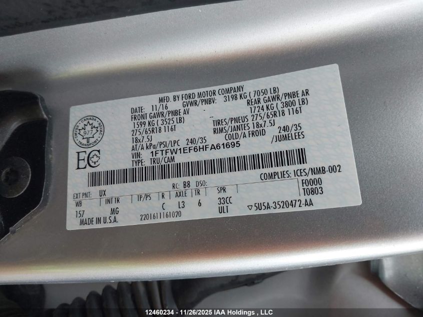 2017 Ford F150 Supercrew VIN: 1FTFW1EF6HFA61695 Lot: 12460234