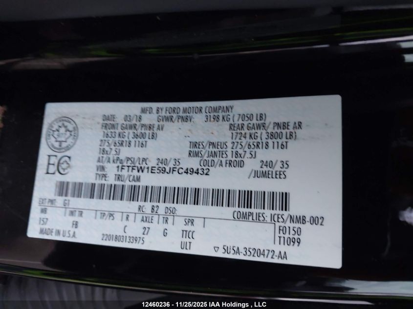 2018 Ford F-150 VIN: 1FTFW1E59JFC49432 Lot: 12460236