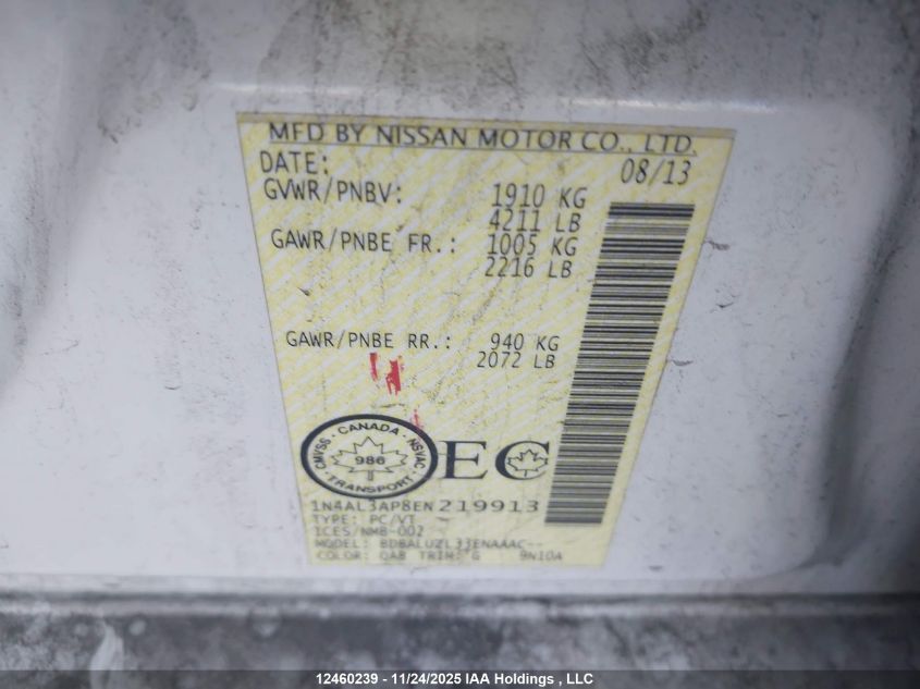2014 Nissan Altima 2.5/2.5 S/2.5 Sl/2.5 Sv VIN: 1N4AL3AP8EN219913 Lot: 12460239